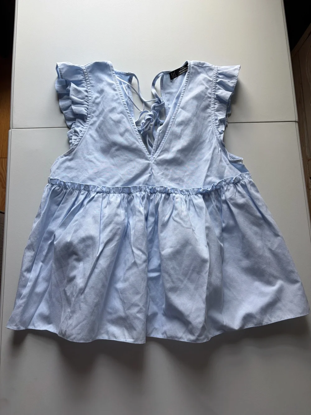 Zara Light Blue Ruffle Sleeve Flowy Peplum Top Sz Small Cotton Blend